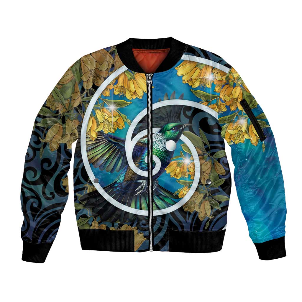 New Zealand Tui Bird Sleeve Zip Bomber Jacket Maori Koru With Kowhai Flowers LT05 Unisex Black - Polynesian Pride
