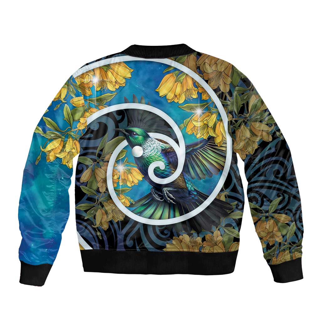 New Zealand Tui Bird Sleeve Zip Bomber Jacket Maori Koru With Kowhai Flowers LT05 - Polynesian Pride