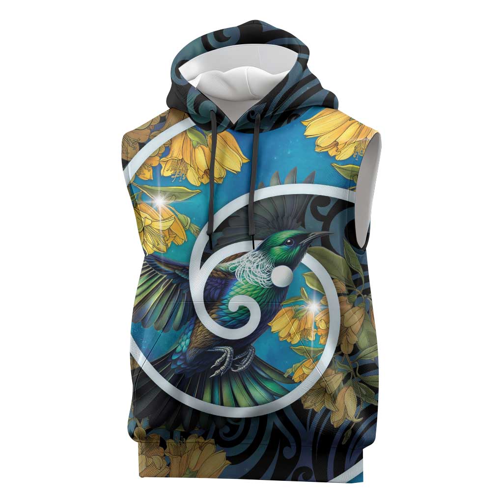 New Zealand Tui Bird Sleeveless Hoodie Maori Koru With Kowhai Flowers LT05 Black - Polynesian Pride