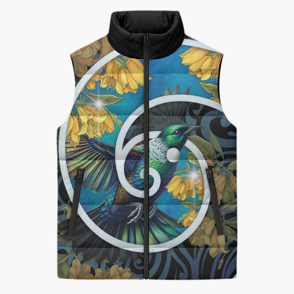New Zealand Tui Bird Sleeveless Puffer Jacket Maori Koru With Kowhai Flowers LT05 Unisex Black - Polynesian Pride