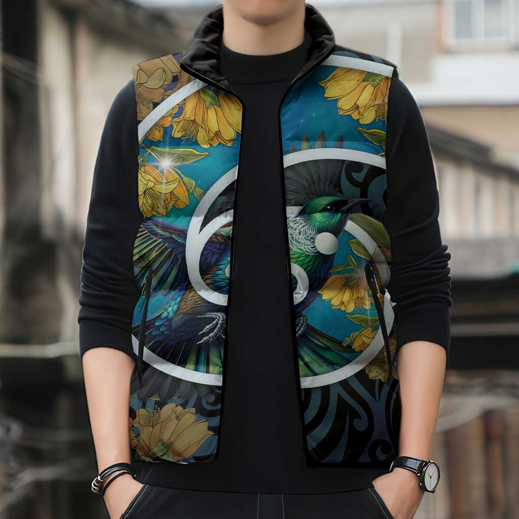 New Zealand Tui Bird Sleeveless Puffer Jacket Maori Koru With Kowhai Flowers LT05 - Polynesian Pride