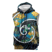 New Zealand Tui Bird Sleeveless Zip Hoodie Maori Koru With Kowhai Flowers