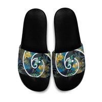New Zealand Tui Bird Slide Sandals Maori Koru With Kowhai Flowers LT05 Black - Polynesian Pride