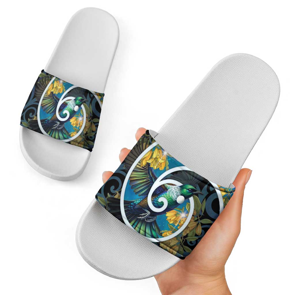 New Zealand Tui Bird Slide Sandals Maori Koru With Kowhai Flowers LT05 - Polynesian Pride