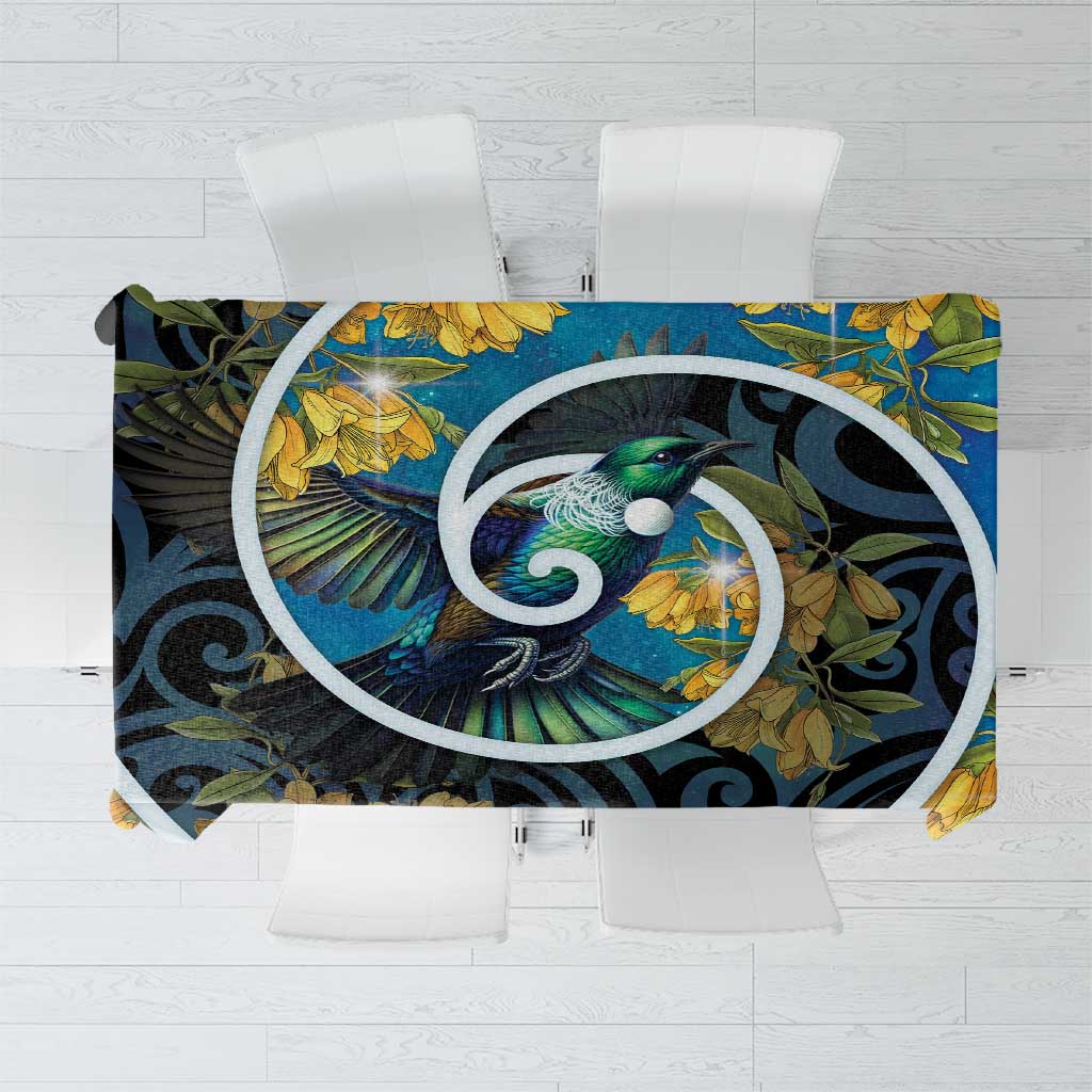 New Zealand Tui Bird Tablecloth Maori Koru With Kowhai Flowers LT05 Black - Polynesian Pride