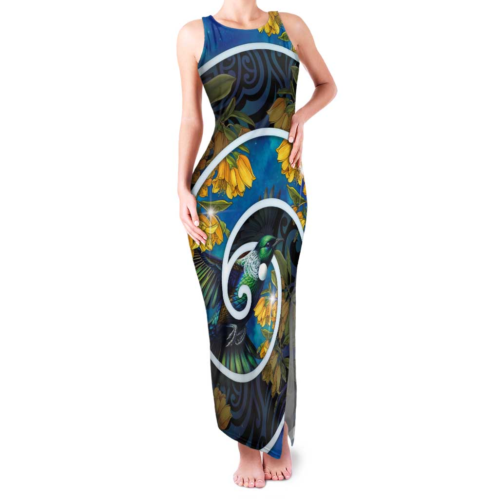 New Zealand Tui Bird Tank Maxi Dress Maori Koru With Kowhai Flowers LT05 Women Black - Polynesian Pride