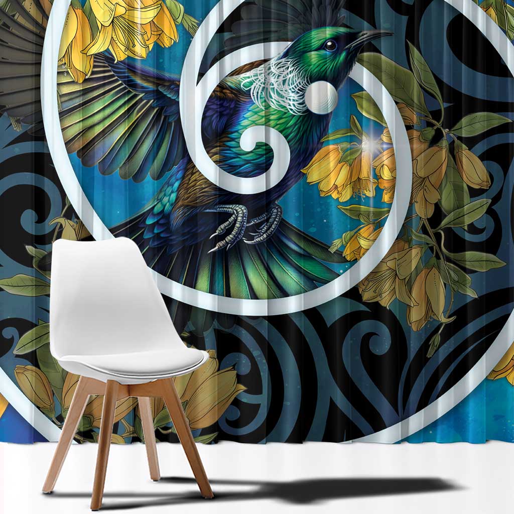 New Zealand Tui Bird Window Curtain Maori Koru With Kowhai Flowers LT05 - Polynesian Pride