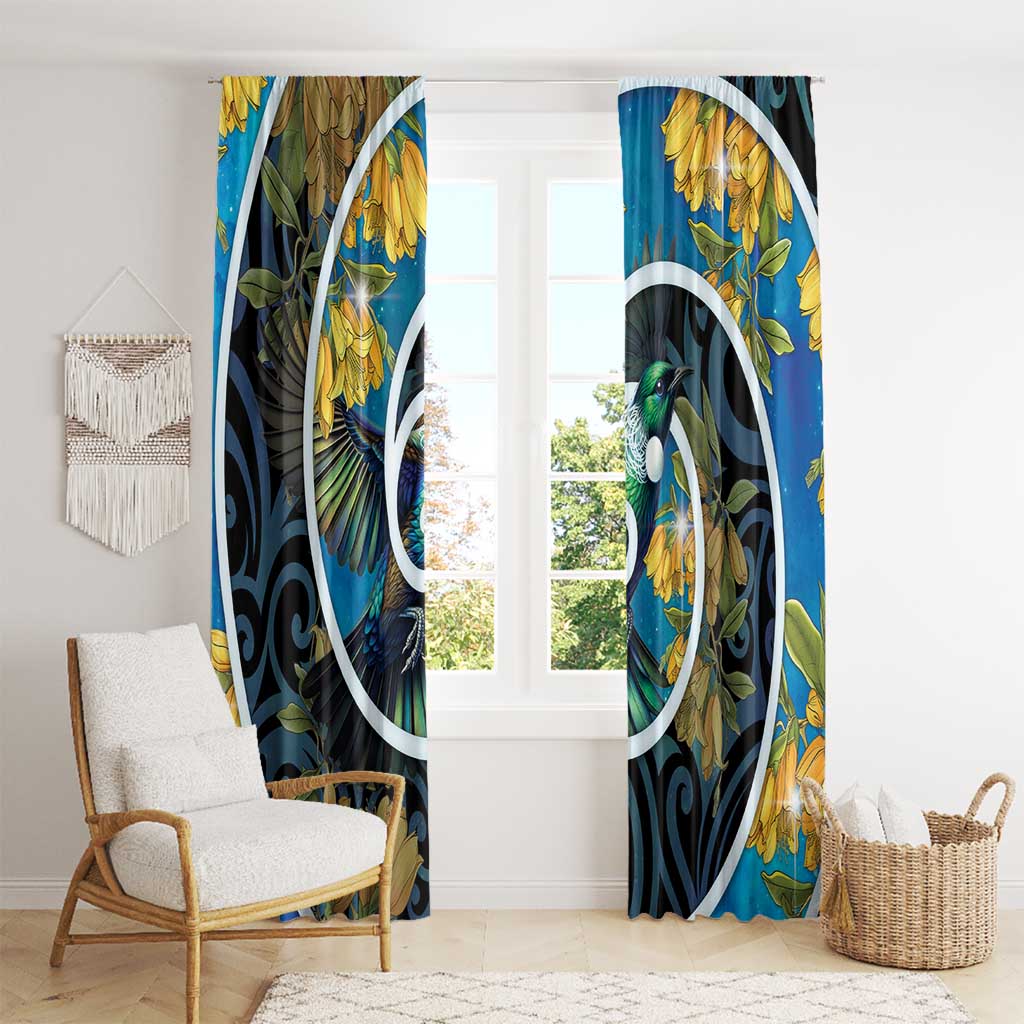 New Zealand Tui Bird Window Curtain Maori Koru With Kowhai Flowers LT05 - Polynesian Pride