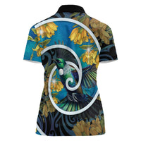 New Zealand Tui Bird Women Polo Shirt Maori Koru With Kowhai Flowers
