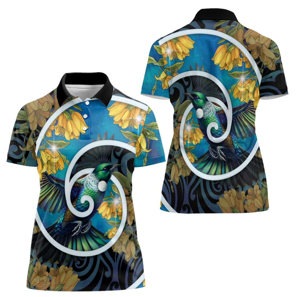 New Zealand Tui Bird Women Polo Shirt Maori Koru With Kowhai Flowers