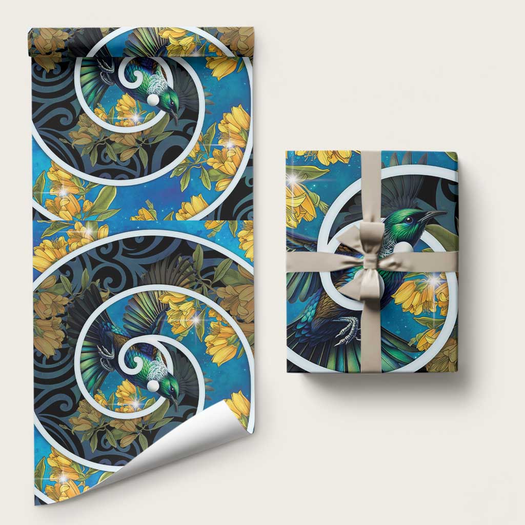 New Zealand Tui Bird Wrapping Paper Maori Koru With Kowhai Flowers LT05 58" × 23" Black - Polynesian Pride