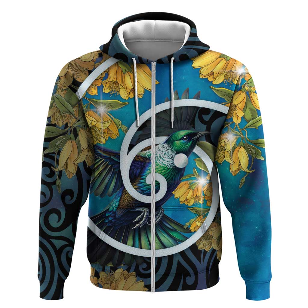New Zealand Tui Bird Zip Hoodie Maori Koru With Kowhai Flowers LT05 Zip Hoodie Black - Polynesian Pride