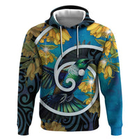 New Zealand Tui Bird Zip Hoodie Maori Koru With Kowhai Flowers LT05 Pullover Hoodie Black - Polynesian Pride