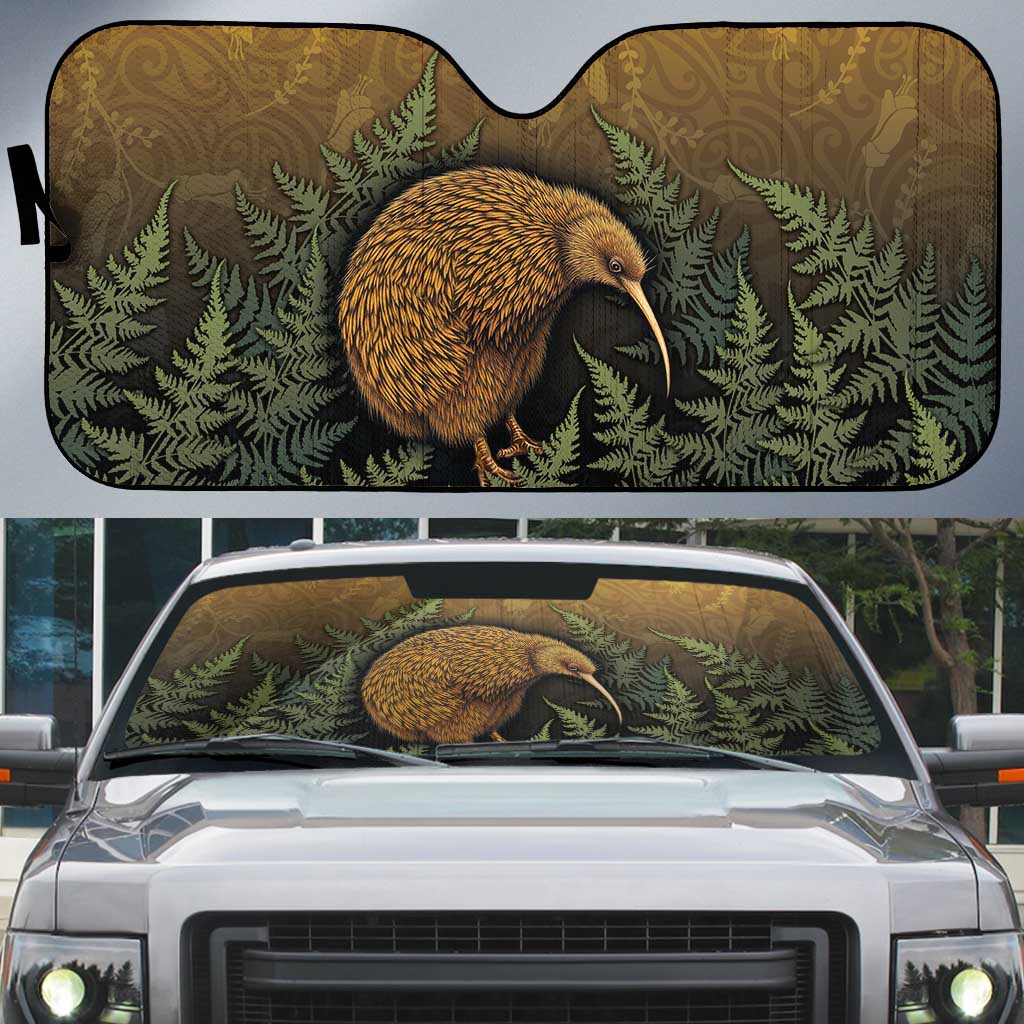 New Zealand Kiwi Bird Auto Sun Shade Silver Fern Mix Maori Pattern LT05 Brown - Polynesian Pride