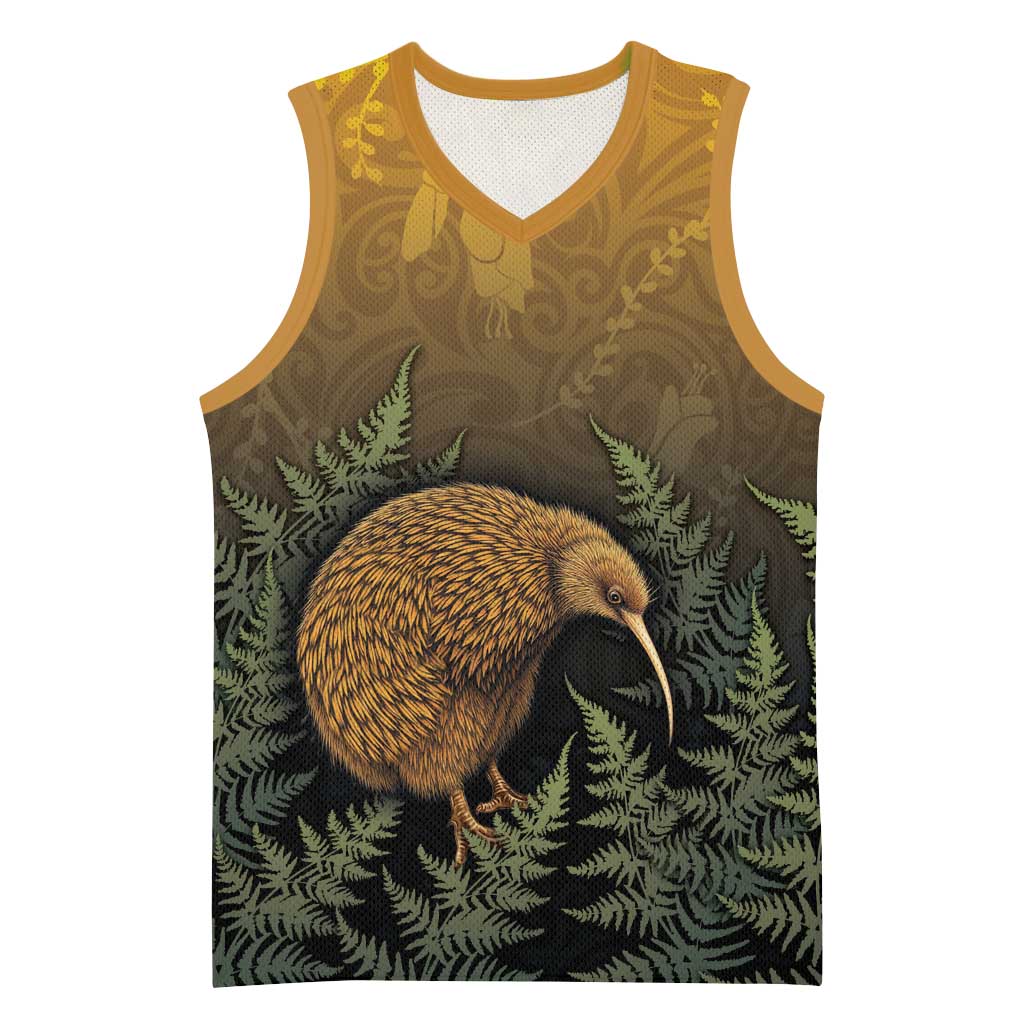 New Zealand Kiwi Bird Basketball Jersey Silver Fern Mix Maori Pattern LT05 Unisex Brown - Polynesian Pride