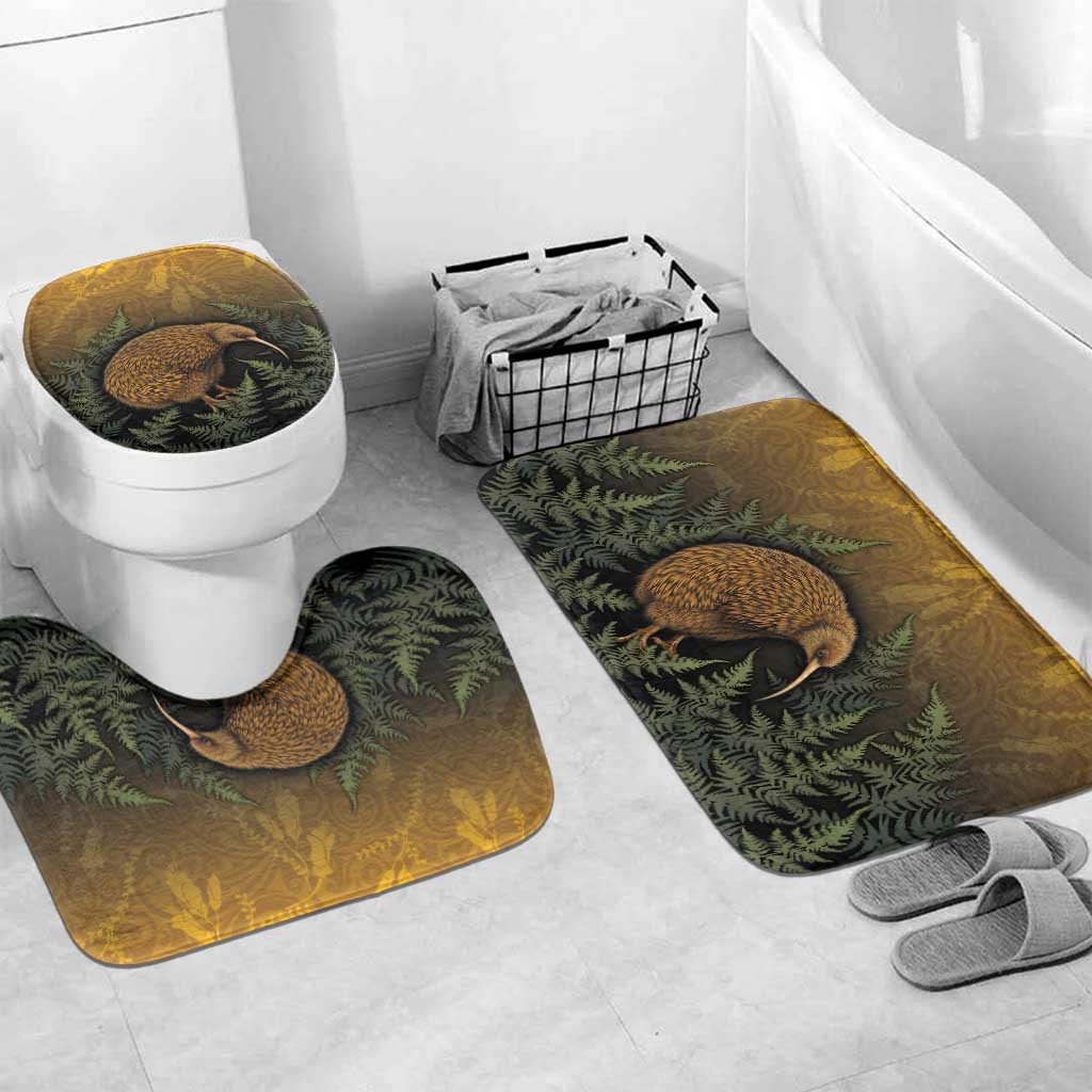 New Zealand Kiwi Bird Bathroom Set Silver Fern Mix Maori Pattern LT05 Mat Set Only (3 pcs) One Size Brown - Polynesian Pride