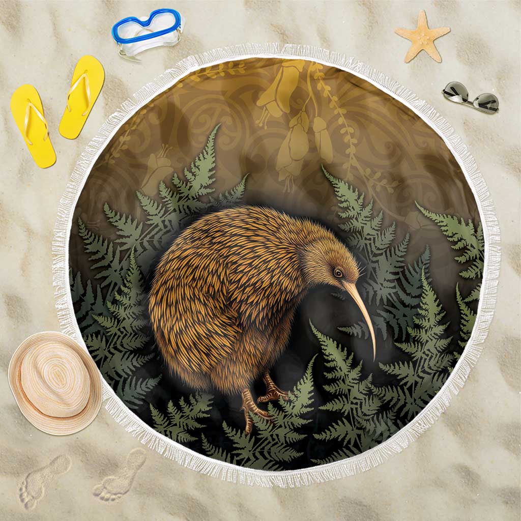 New Zealand Kiwi Bird Beach Blanket Silver Fern Mix Maori Pattern LT05 One Size 150cm Brown - Polynesian Pride