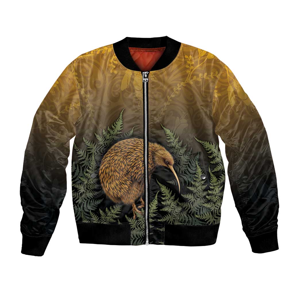 New Zealand Kiwi Bird Bomber Jacket Silver Fern Mix Maori Pattern LT05 Unisex Brown - Polynesian Pride