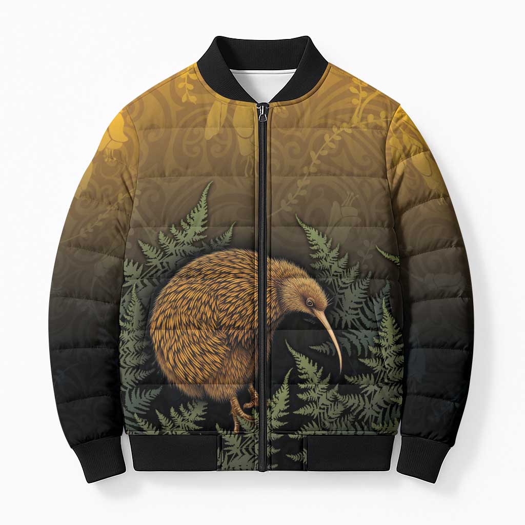 New Zealand Kiwi Bird Bomber Puffer Jacket Silver Fern Mix Maori Pattern LT05 Unisex Brown - Polynesian Pride