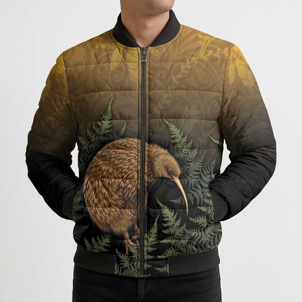 New Zealand Kiwi Bird Bomber Puffer Jacket Silver Fern Mix Maori Pattern LT05 - Polynesian Pride