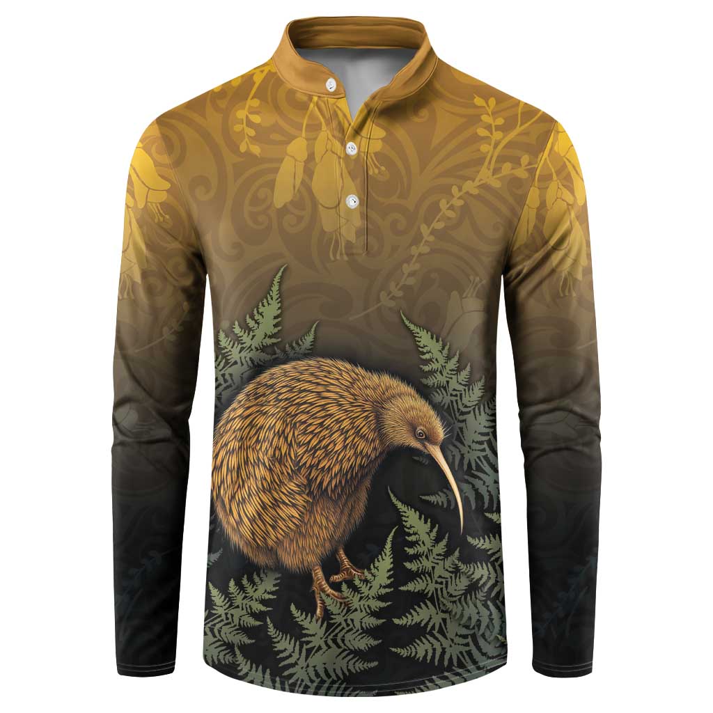 New Zealand Kiwi Bird Button Sweatshirt Silver Fern Mix Maori Pattern LT05 Brown - Polynesian Pride