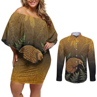 New Zealand Kiwi Bird Couples Matching Off Shoulder Short Dress and Long Sleeve Button Shirt Silver Fern Mix Maori Pattern