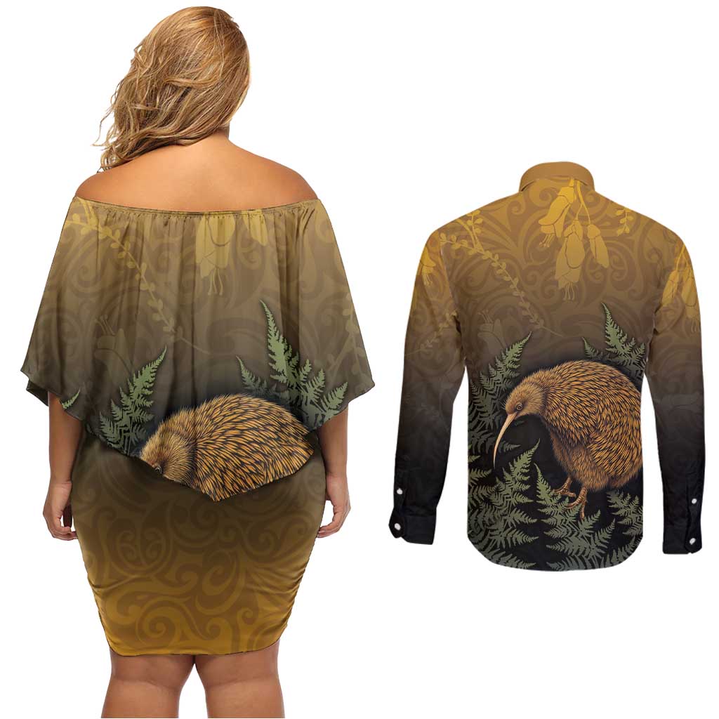 New Zealand Kiwi Bird Couples Matching Off Shoulder Short Dress and Long Sleeve Button Shirt Silver Fern Mix Maori Pattern