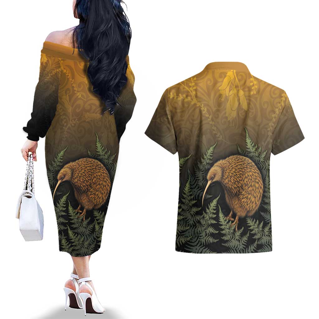 New Zealand Kiwi Bird Couples Matching Off The Shoulder Long Sleeve Dress and Hawaiian Shirt Silver Fern Mix Maori Pattern