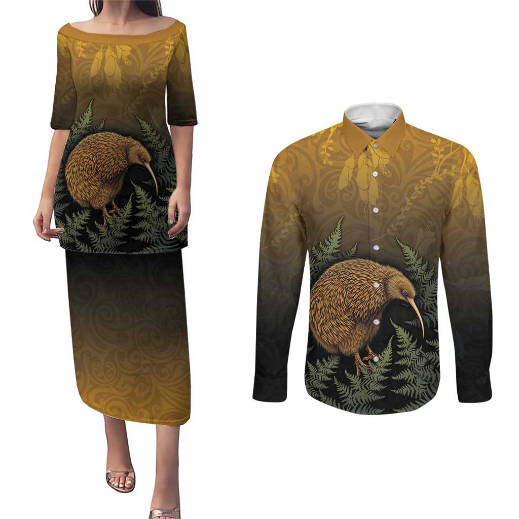 New Zealand Kiwi Bird Couples Matching Puletasi and Long Sleeve Button Shirt Silver Fern Mix Maori Pattern LT05 Brown - Polynesian Pride
