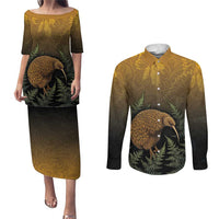 New Zealand Kiwi Bird Couples Matching Puletasi and Long Sleeve Button Shirt Silver Fern Mix Maori Pattern LT05 Brown - Polynesian Pride