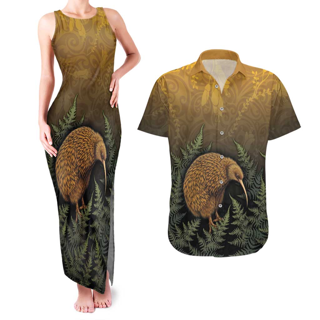 New Zealand Kiwi Bird Couples Matching Tank Maxi Dress and Hawaiian Shirt Silver Fern Mix Maori Pattern