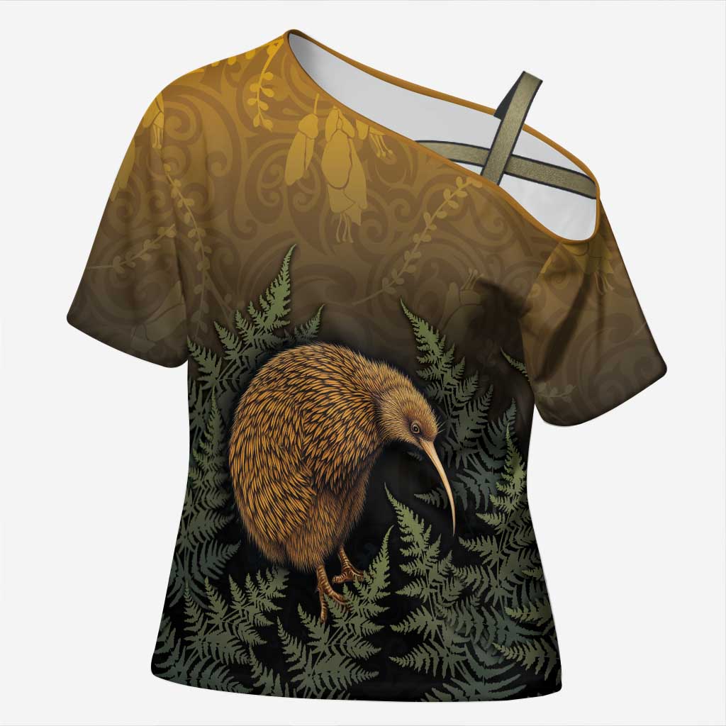 New Zealand Kiwi Bird Cross Shoulder Shirt Silver Fern Mix Maori Pattern LT05 Female Brown - Polynesian Pride
