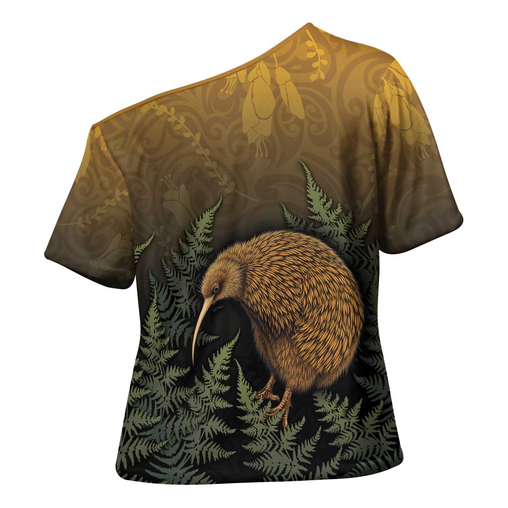 New Zealand Kiwi Bird Cross Shoulder Shirt Silver Fern Mix Maori Pattern LT05 - Polynesian Pride