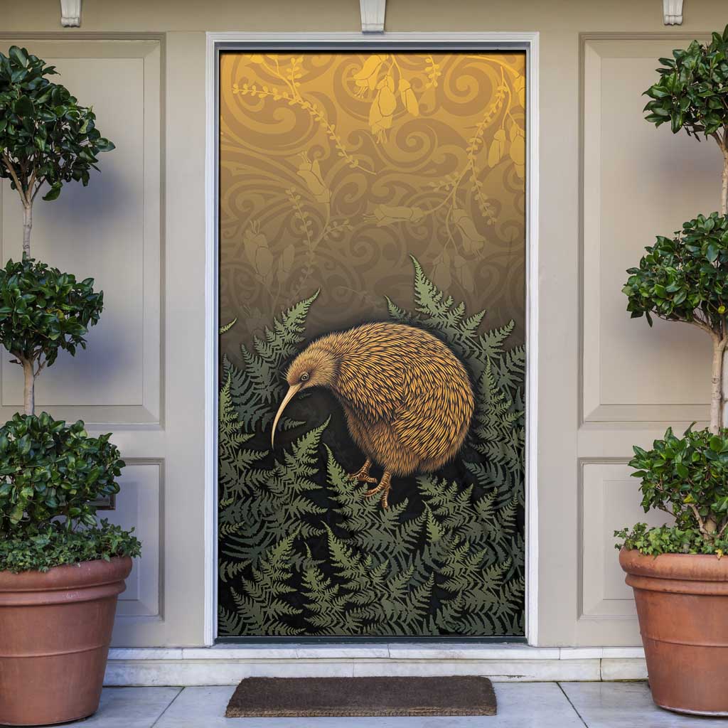 New Zealand Kiwi Bird Door Cover Silver Fern Mix Maori Pattern LT05 Brown - Polynesian Pride