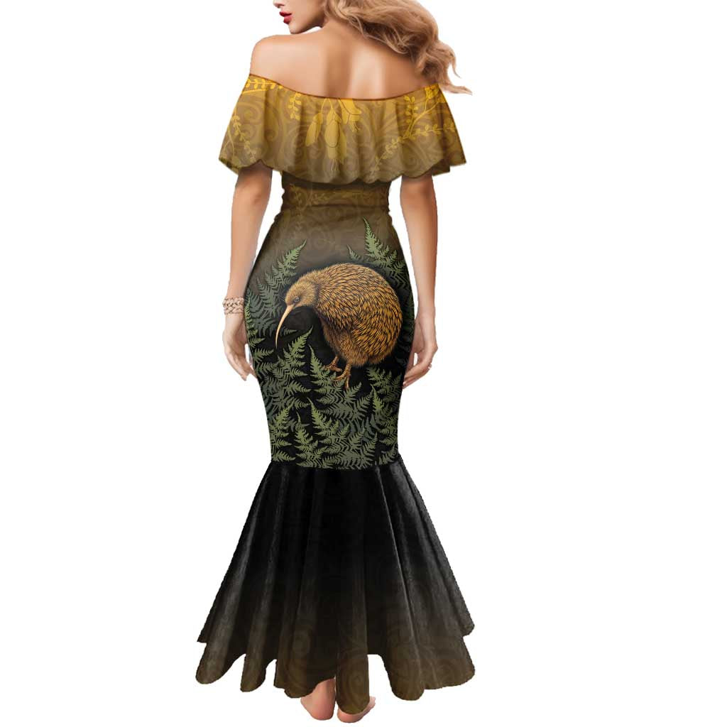 New Zealand Kiwi Bird Family Matching Mermaid Dress and Hawaiian Shirt Silver Fern Mix Maori Pattern
