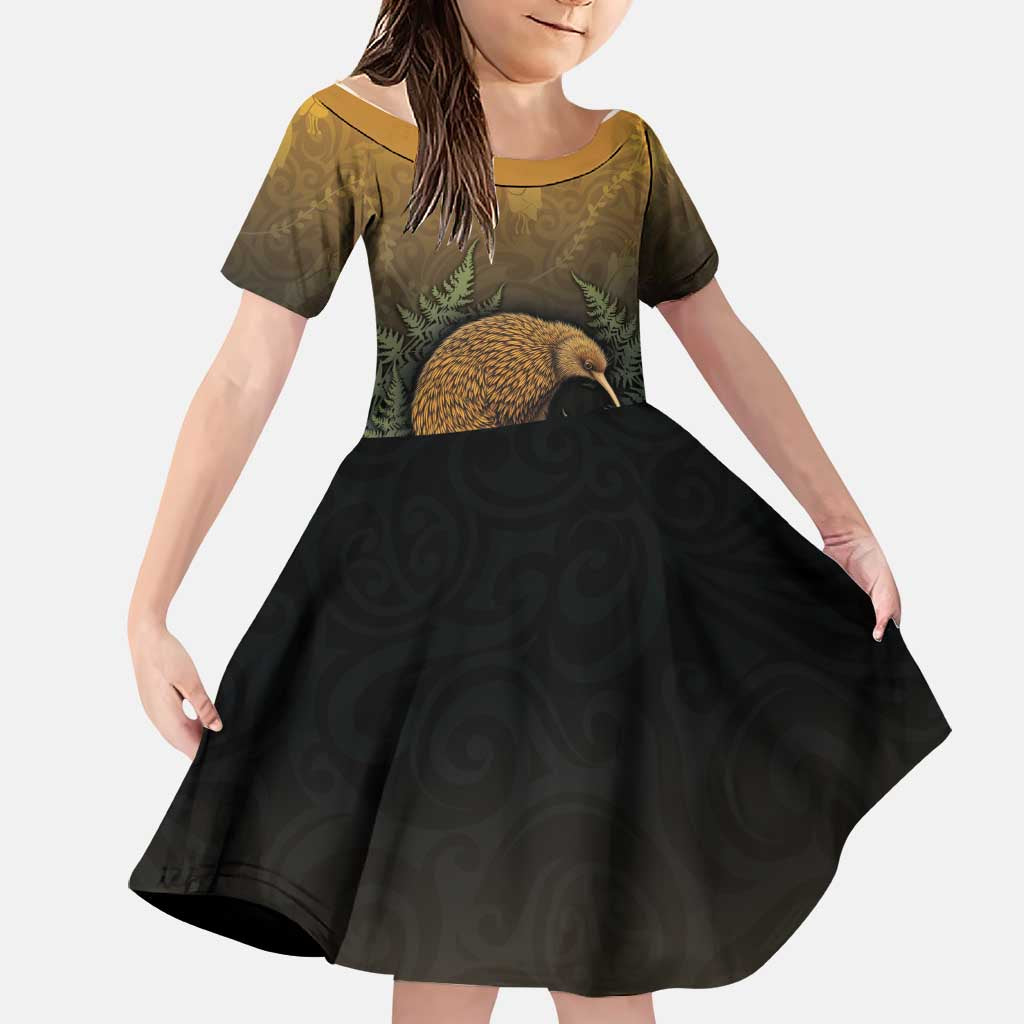 New Zealand Kiwi Bird Family Matching Off The Shoulder Long Sleeve Dress and Hawaiian Shirt Silver Fern Mix Maori Pattern