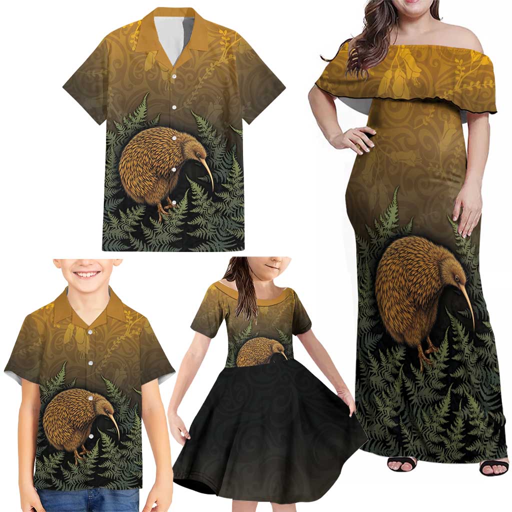 New Zealand Kiwi Bird Family Matching Off Shoulder Maxi Dress and Hawaiian Shirt Silver Fern Mix Maori Pattern LT05 - Polynesian Pride