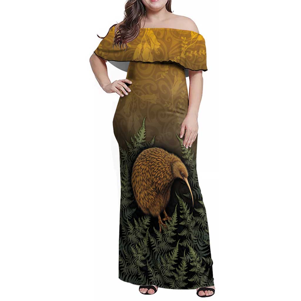 New Zealand Kiwi Bird Family Matching Off Shoulder Maxi Dress and Hawaiian Shirt Silver Fern Mix Maori Pattern