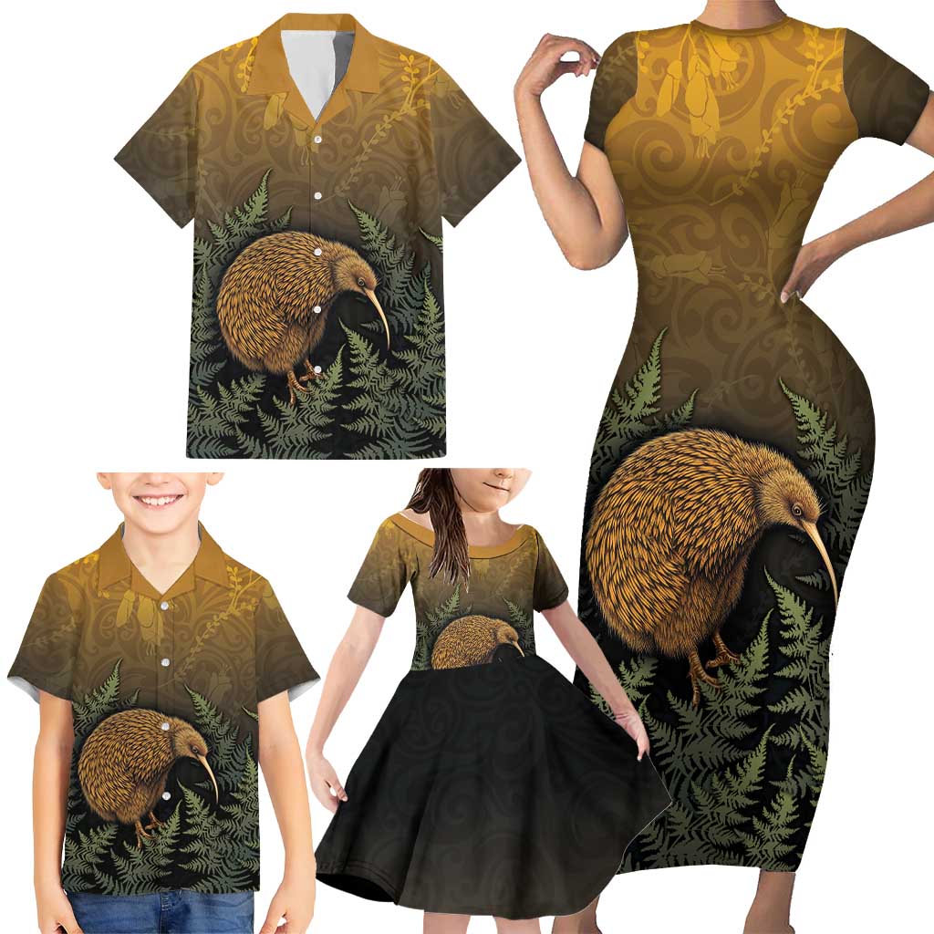 New Zealand Kiwi Bird Family Matching Short Sleeve Bodycon Dress and Hawaiian Shirt Silver Fern Mix Maori Pattern LT05 - Polynesian Pride