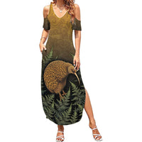 New Zealand Kiwi Bird Family Matching Summer Maxi Dress and Hawaiian Shirt Silver Fern Mix Maori Pattern