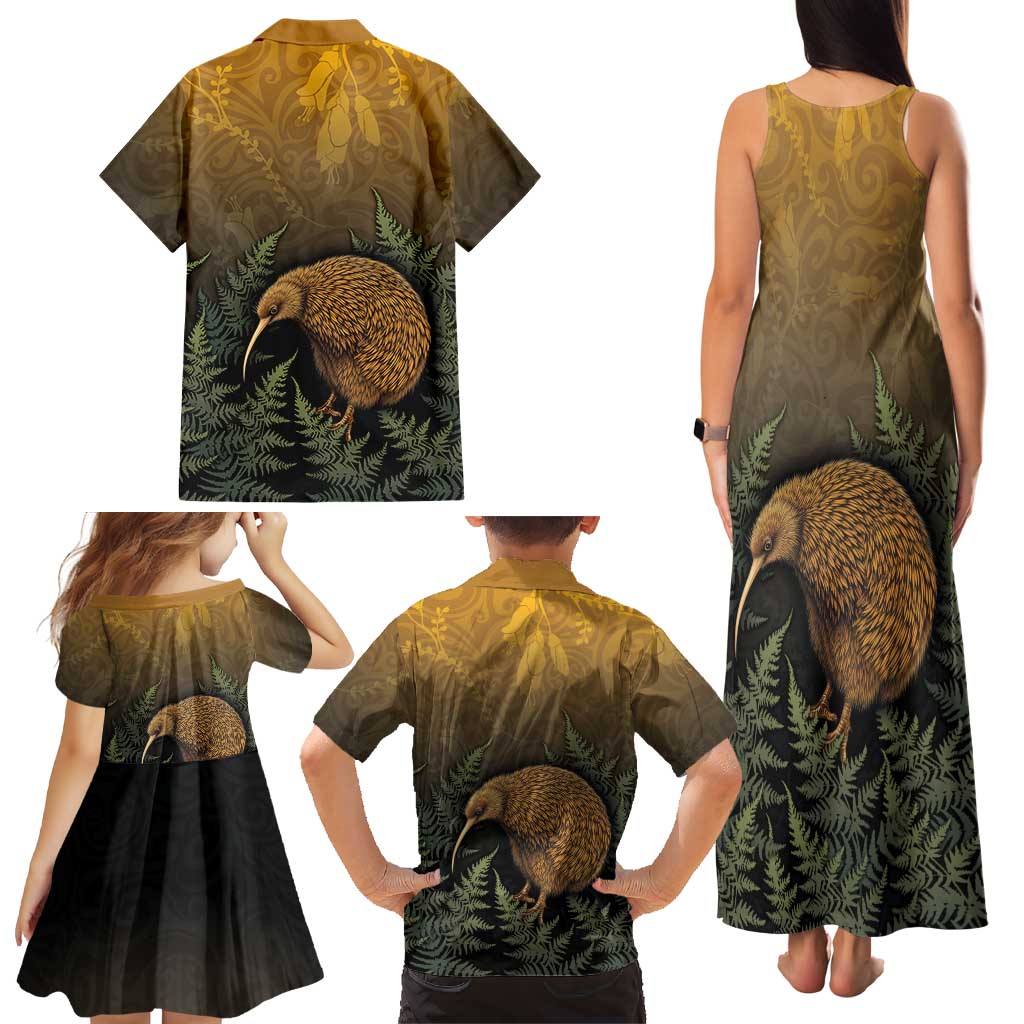 New Zealand Kiwi Bird Family Matching Tank Maxi Dress and Hawaiian Shirt Silver Fern Mix Maori Pattern