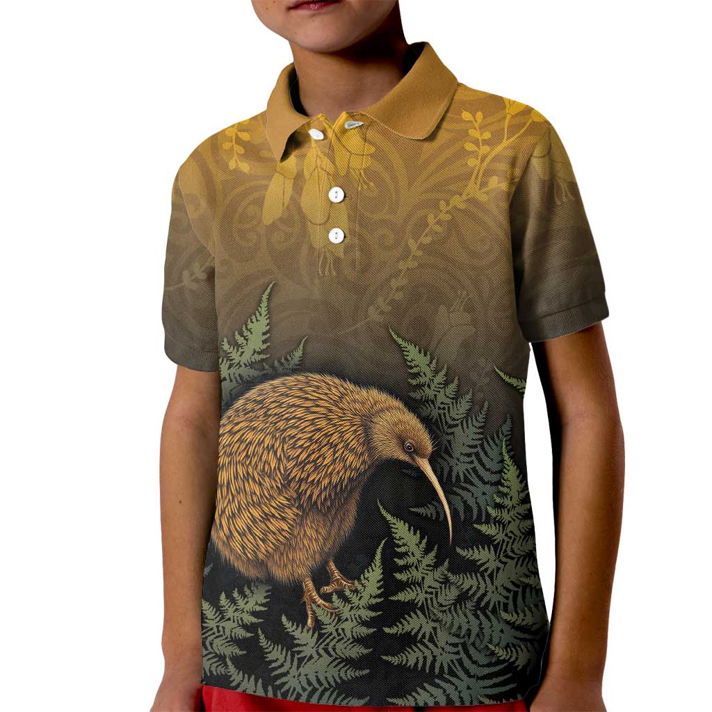 New Zealand Kiwi Bird Kid Polo Shirt Silver Fern Mix Maori Pattern LT05 Kid Brown - Polynesian Pride