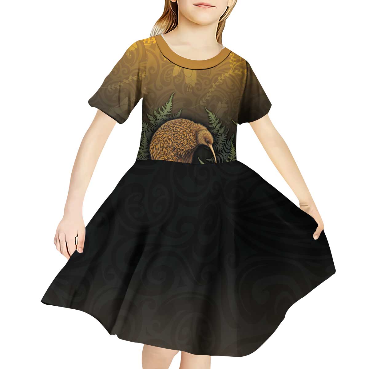 New Zealand Kiwi Bird Kid Short Sleeve Dress Silver Fern Mix Maori Pattern LT05 - Polynesian Pride