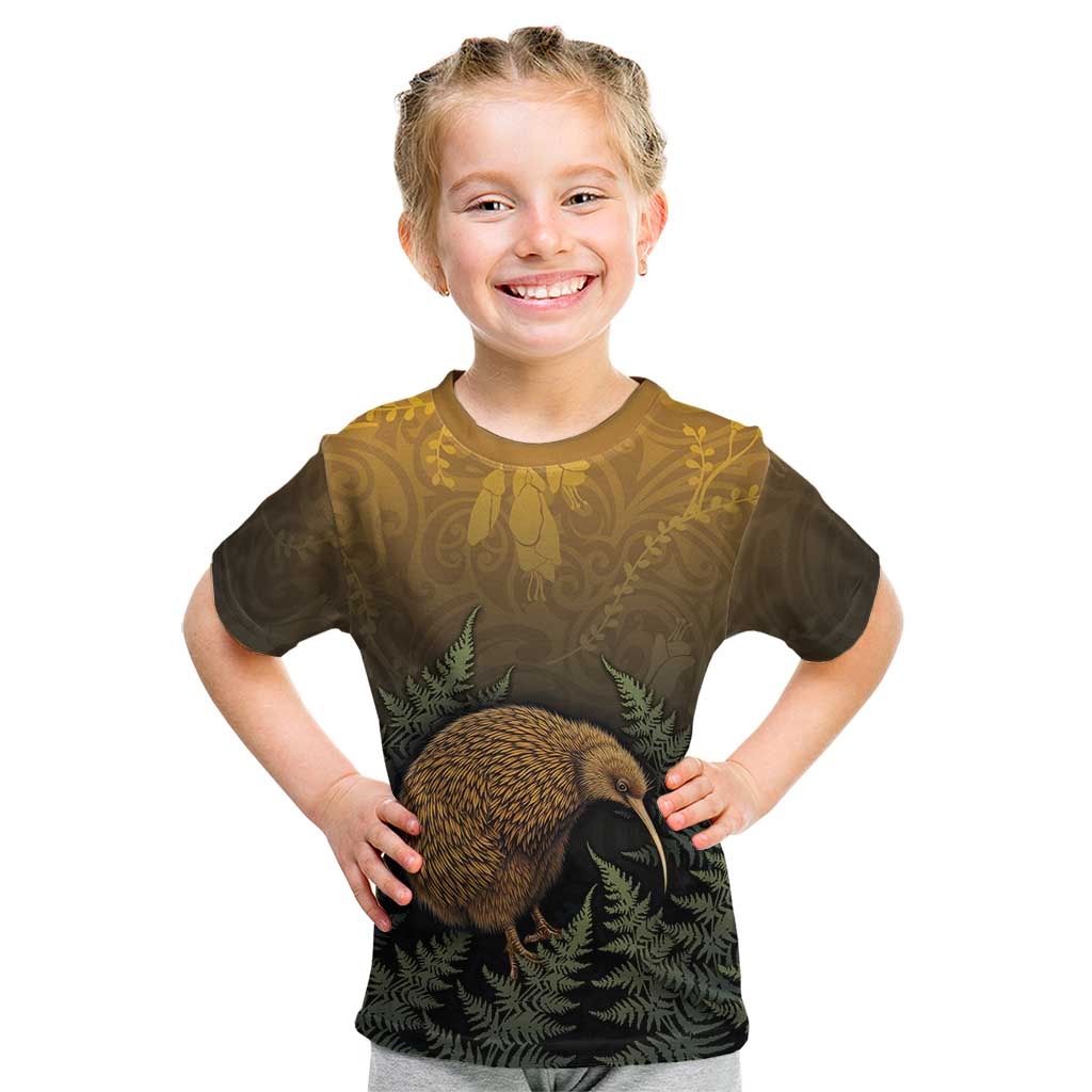 New Zealand Kiwi Bird Kid T Shirt Silver Fern Mix Maori Pattern LT05 Brown - Polynesian Pride