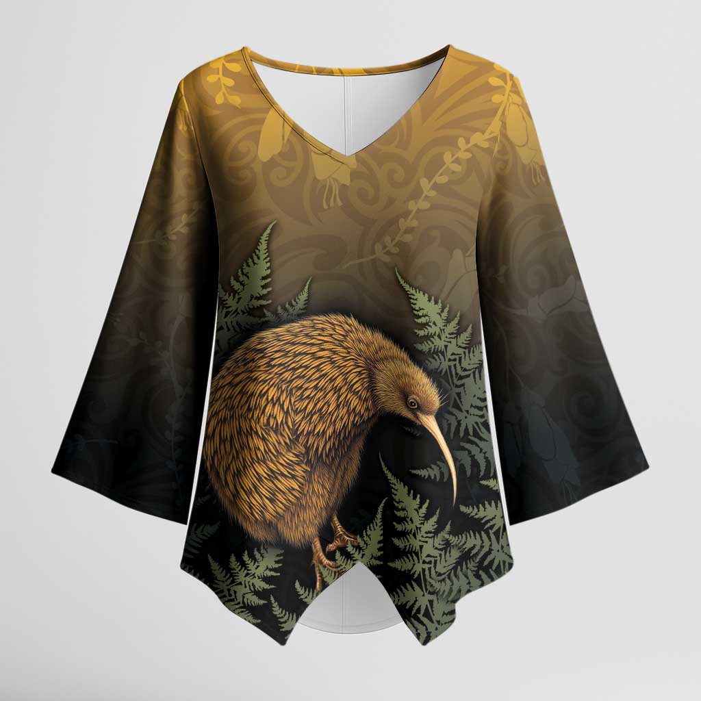 New Zealand Kiwi Bird Kimono Sleeve Blouse Silver Fern Mix Maori Pattern LT05 Female Brown - Polynesian Pride
