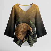 New Zealand Kiwi Bird Kimono Sleeve Blouse Silver Fern Mix Maori Pattern LT05 Female Brown - Polynesian Pride