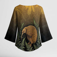 New Zealand Kiwi Bird Kimono Sleeve Blouse Silver Fern Mix Maori Pattern LT05 - Polynesian Pride
