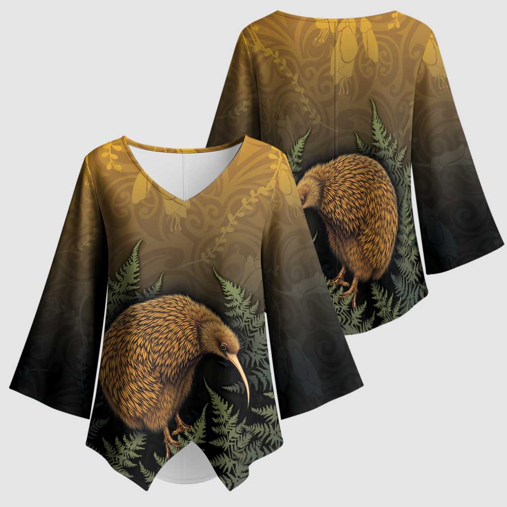 New Zealand Kiwi Bird Kimono Sleeve Blouse Silver Fern Mix Maori Pattern LT05 - Polynesian Pride