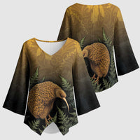 New Zealand Kiwi Bird Kimono Sleeve Blouse Silver Fern Mix Maori Pattern LT05 - Polynesian Pride