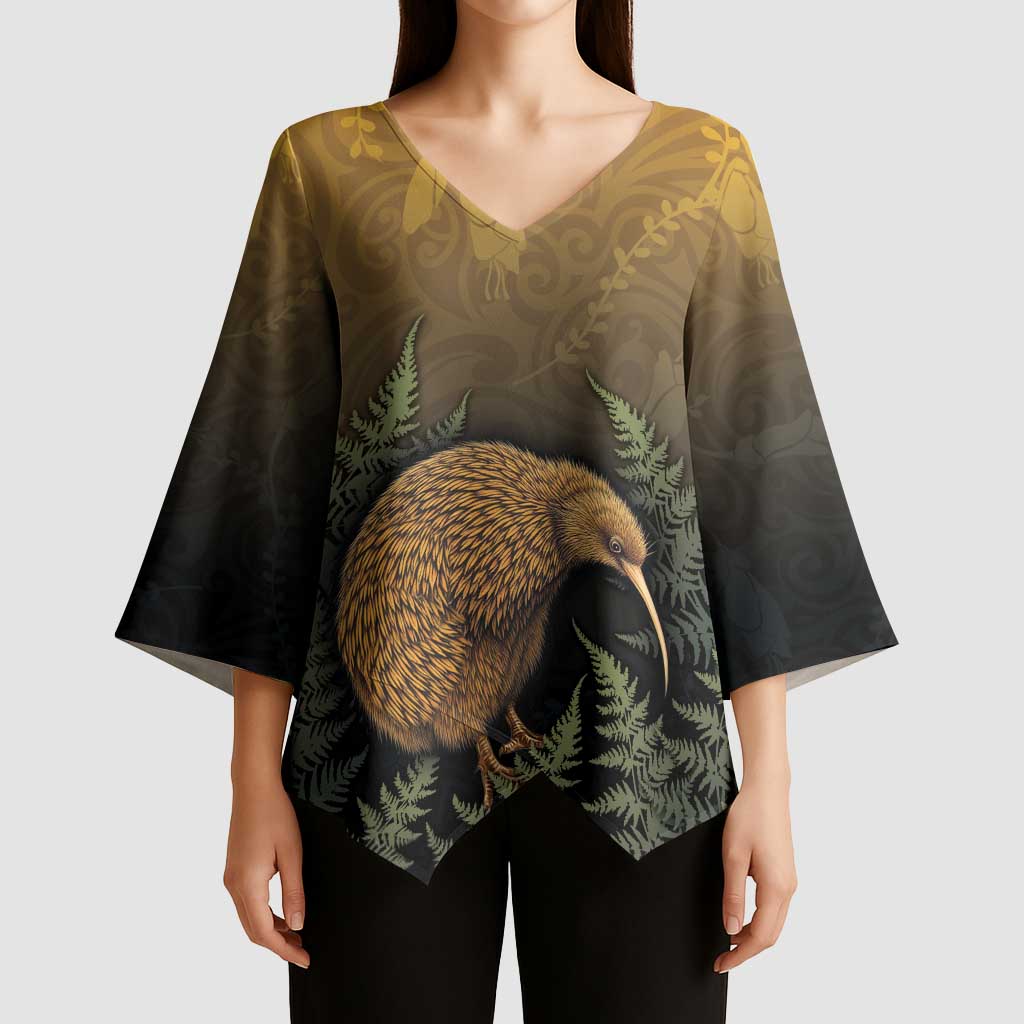 New Zealand Kiwi Bird Kimono Sleeve Blouse Silver Fern Mix Maori Pattern LT05 - Polynesian Pride